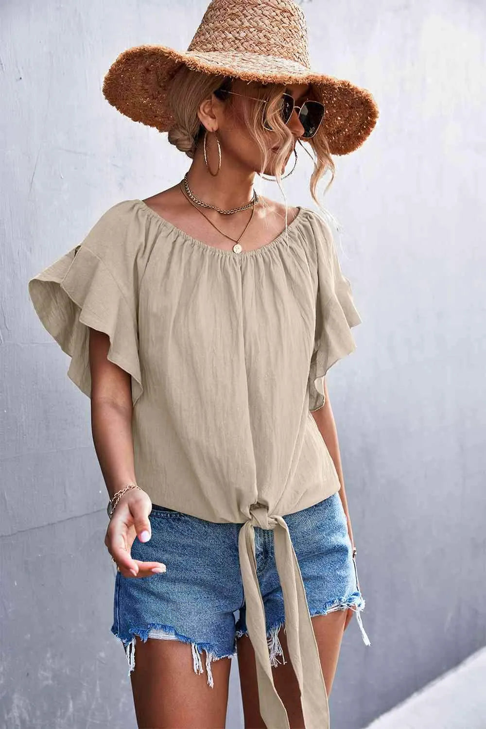 Flutter Sleeve Tie-Front Blouse Blouses - Tophatter Daily Deals