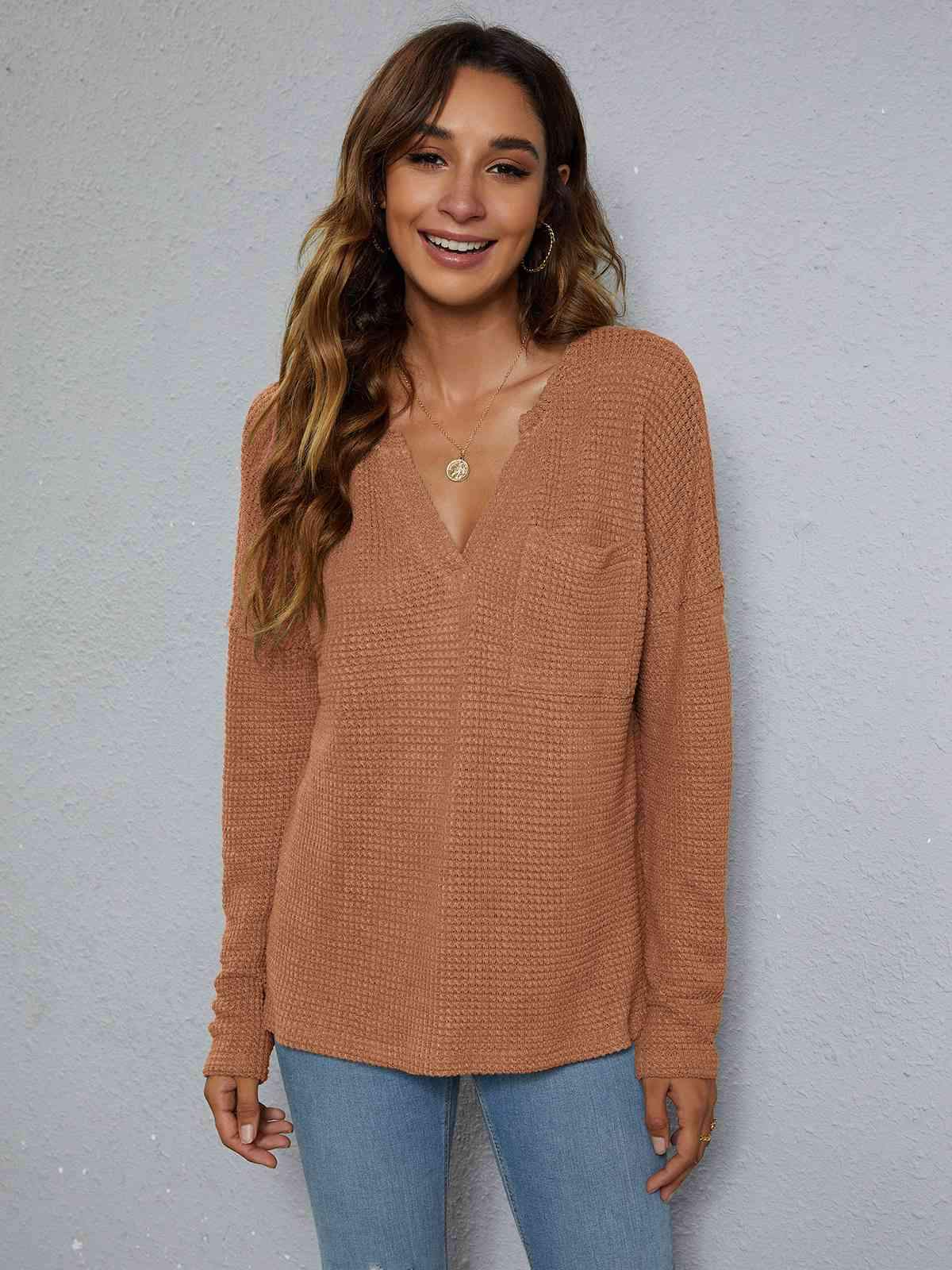 Dropped Shoulder High-Low Waffle-Knit Top Blouses - Tophatter Daily Deals