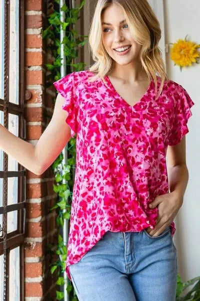 Heimish Full Size Printed Ruffle Cap Sleeve Top Blouses - Tophatter Daily Deals