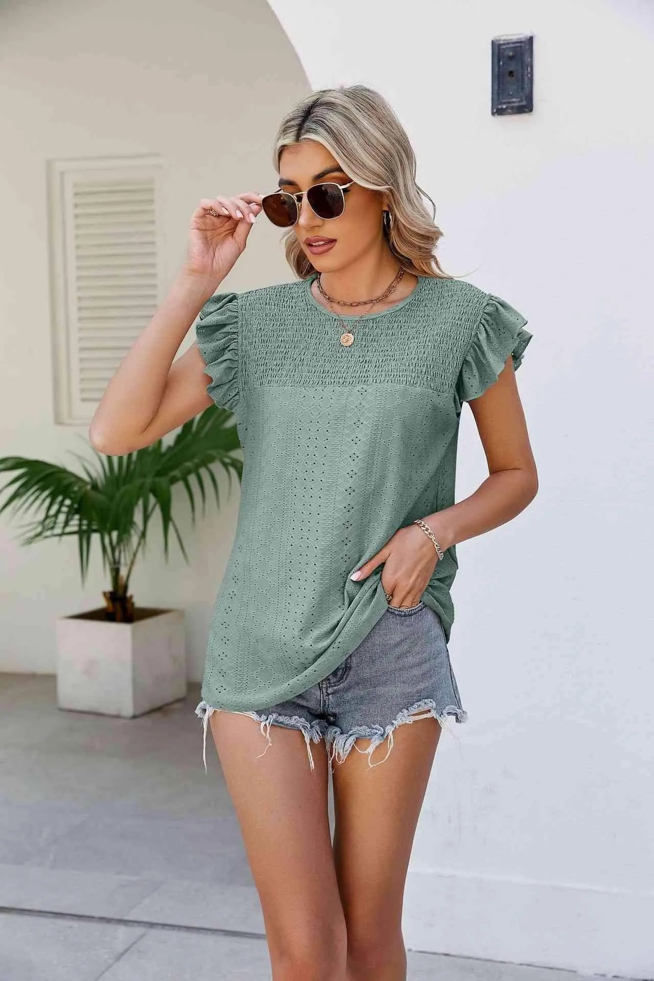 Smocked Round Neck Flutter Sleeve Top Blouses - Tophatter Daily Deals