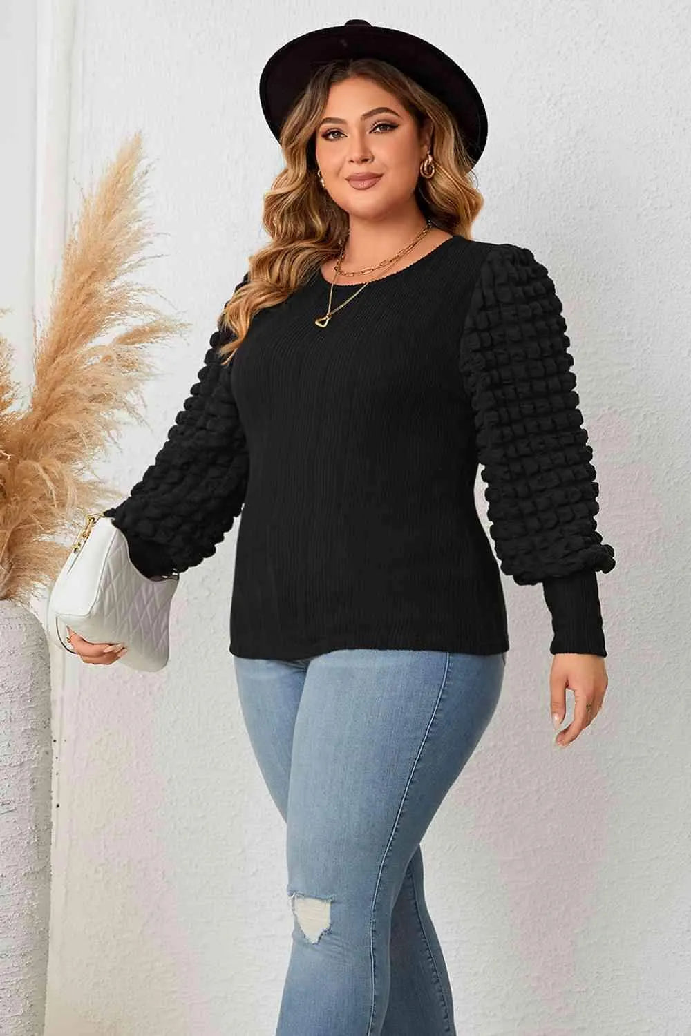 Plus Size Round Neck Lantern Sleeve Blouse Women's T-Shirts - Tophatter Daily Deals