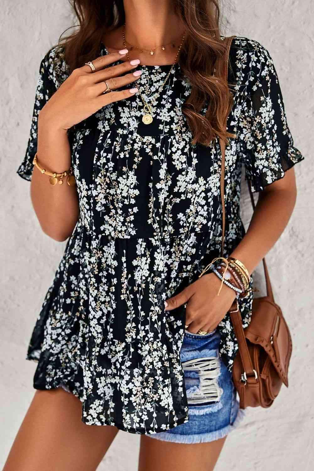 Printed Round Neck Tiered Top Blouses - Tophatter Daily Deals