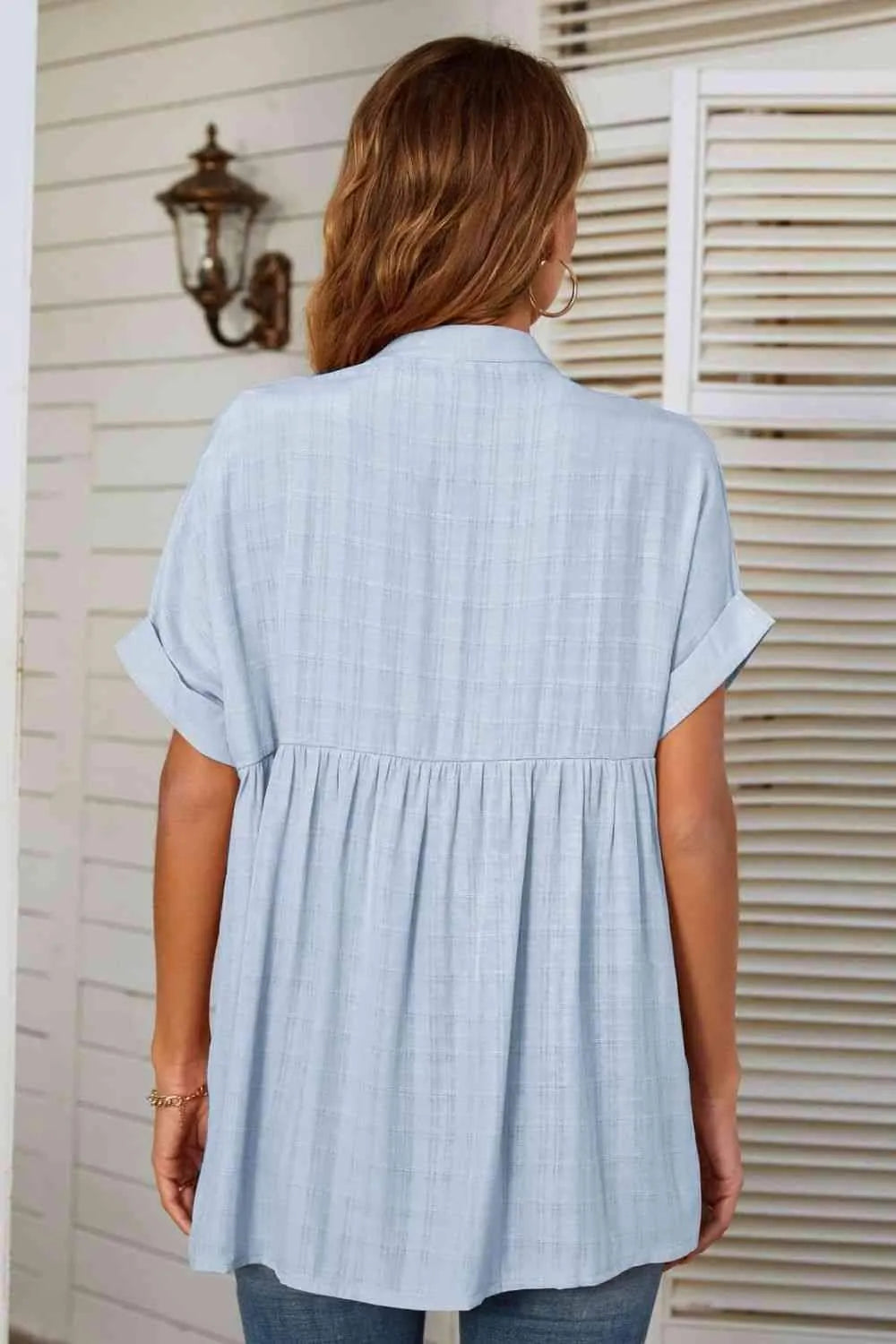 Notched Neck Slit Cuffed Blouse Blouses - Tophatter Daily Deals