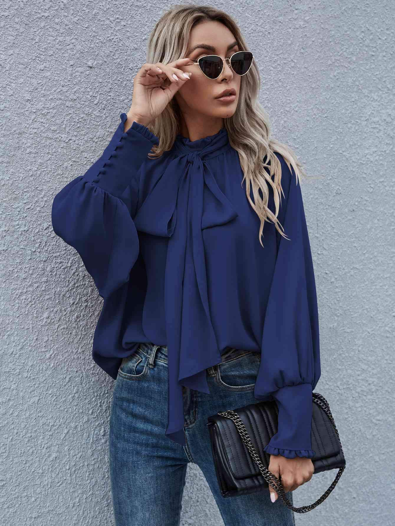 Mock Neck Lantern Sleeve Tie Front Blouse Navy Blouses - Tophatter Daily Deals