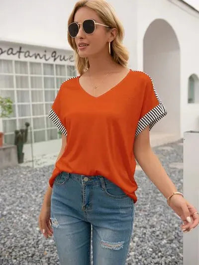 Striped V-Neck Short Sleeve T-Shirt Women's T-Shirts - Tophatter Daily Deals