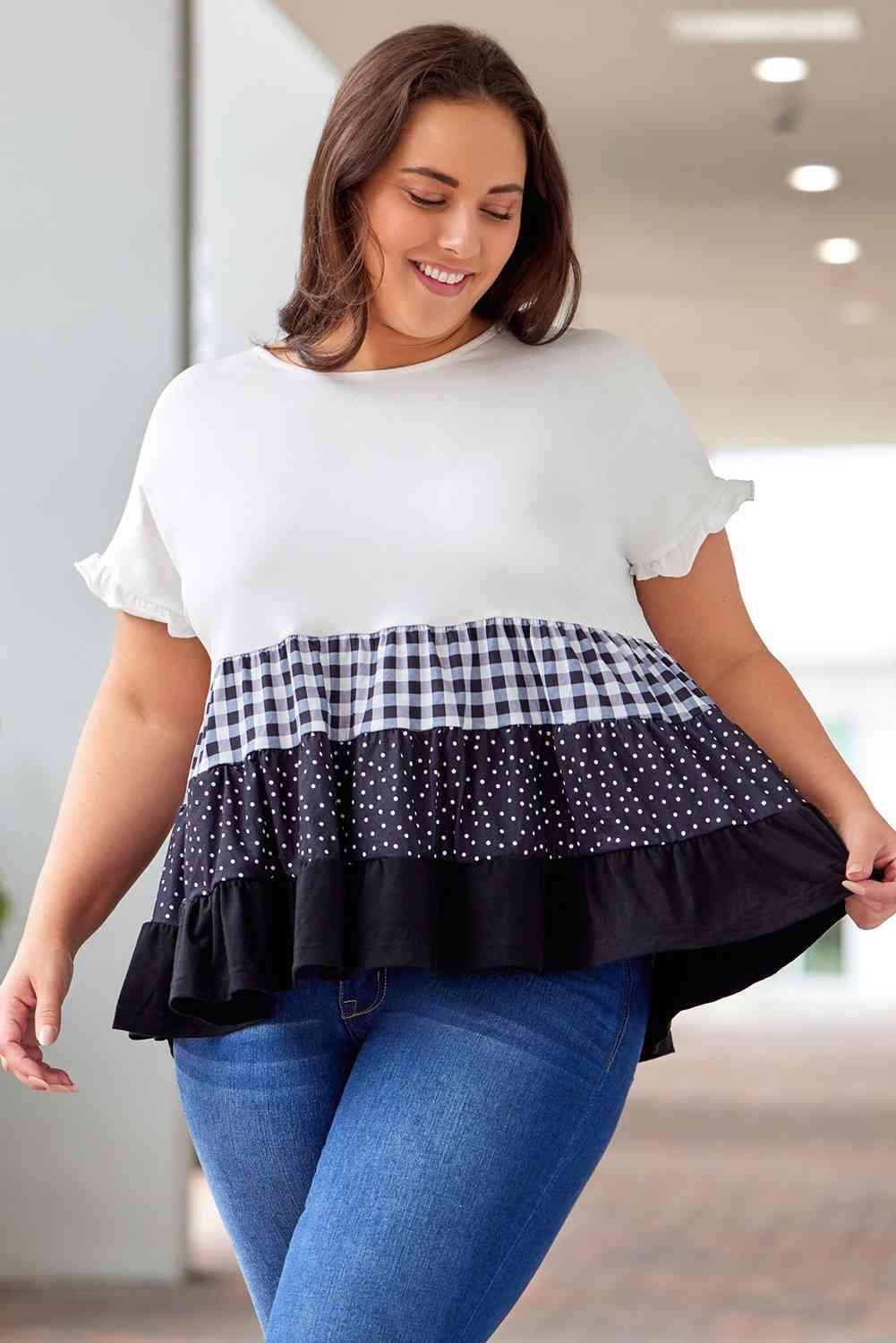 Plus Size Plaid Color Block Tiered Blouse Blouses - Tophatter Daily Deals