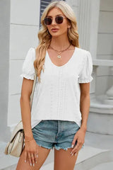Eyelet Round Neck Flounce Sleeve T-Shirt Women's T-Shirts - Tophatter Daily Deals