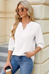 Notched Three-Quarter Sleeve T-Shirt Women's T-Shirts - Tophatter Daily Deals