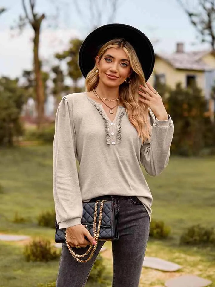 Puff Sleeve Ruffle Trim Blouse Dust Storm Blouses - Tophatter Daily Deals