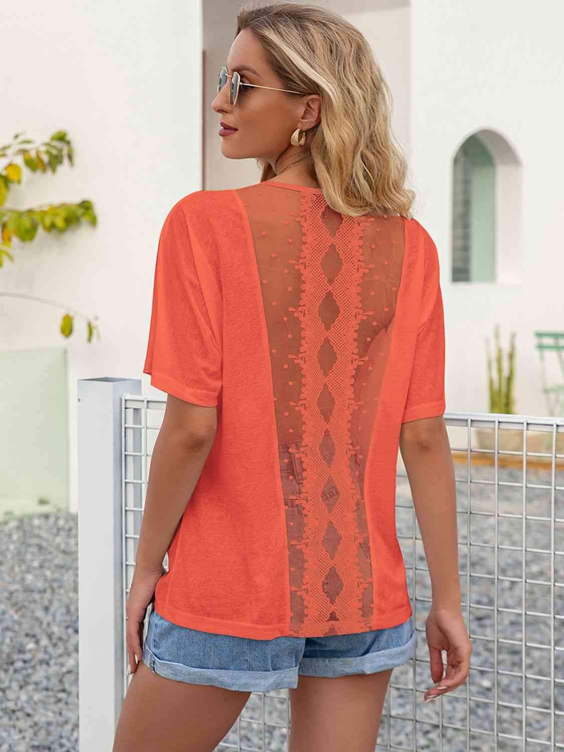 Round Neck Short Sleeve Top Red Orange Blouses - Tophatter Daily Deals