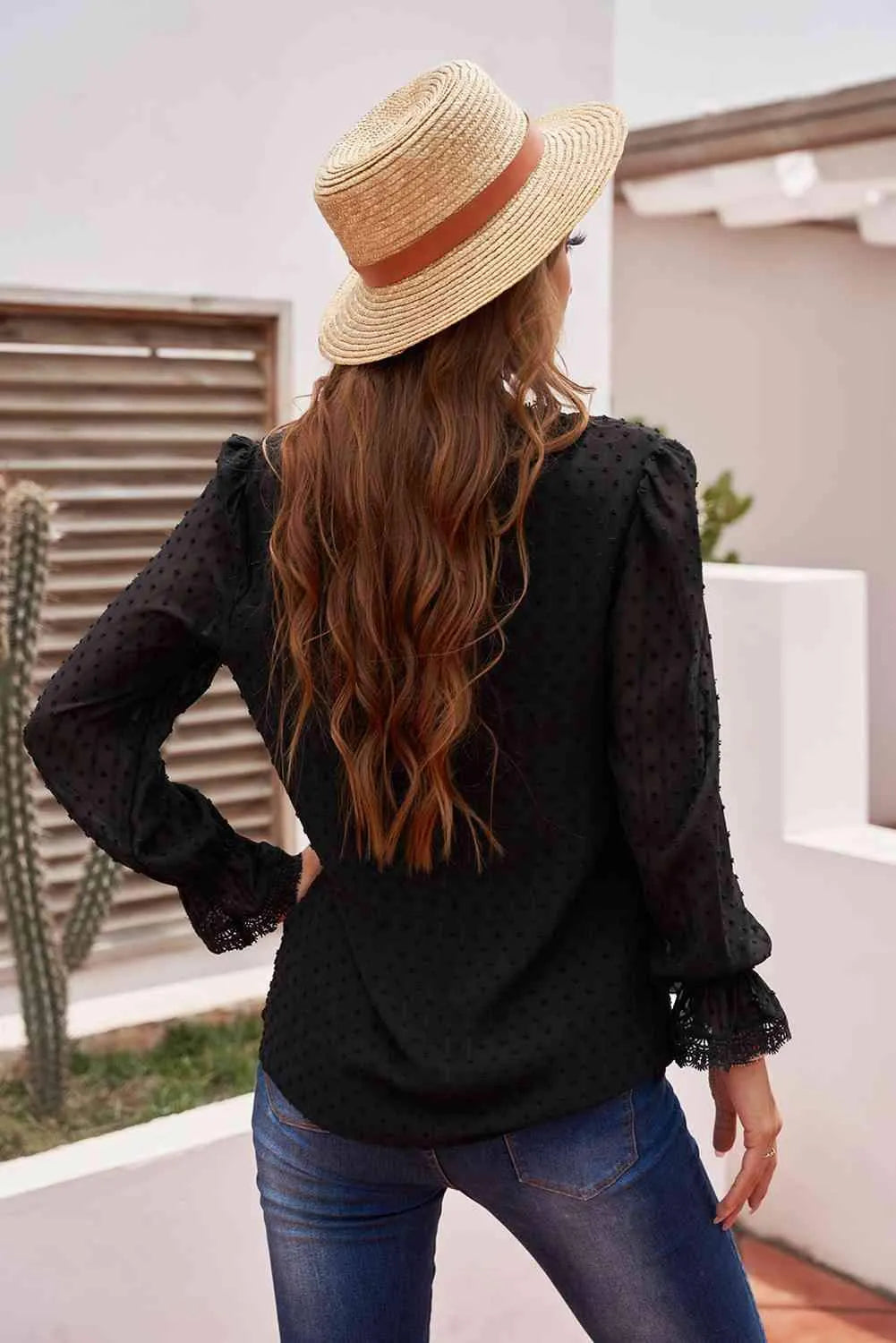 Swiss Dot Spliced Lace Flounce Sleeve Blouse Blouses - Tophatter Daily Deals