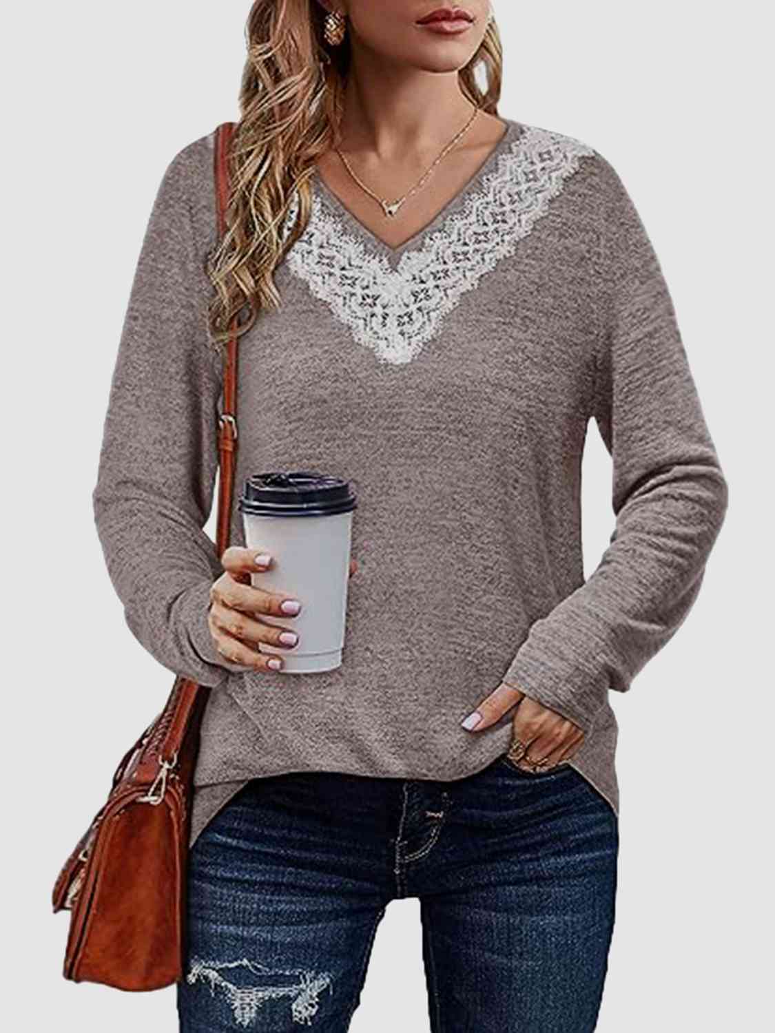 Lace Detail V-Neck Long Sleeve Top Women's T-Shirts - Tophatter Daily Deals