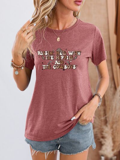 Letter Graphic Round Neck Short Sleeve T-Shirt Light Mauve Women's T-Shirts - Tophatter Daily Deals