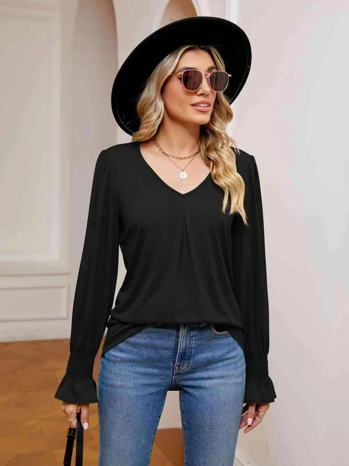 V-Neck Flounce Sleeve Blouse Black Blouses - Tophatter Daily Deals