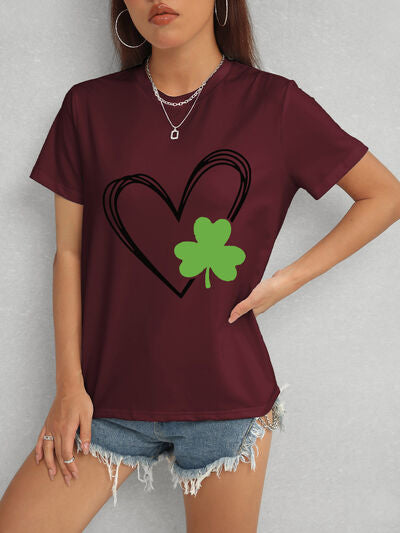 Heart Lucky Clover Short Sleeve T-Shirt Wine Women's T-Shirts - Tophatter Daily Deals