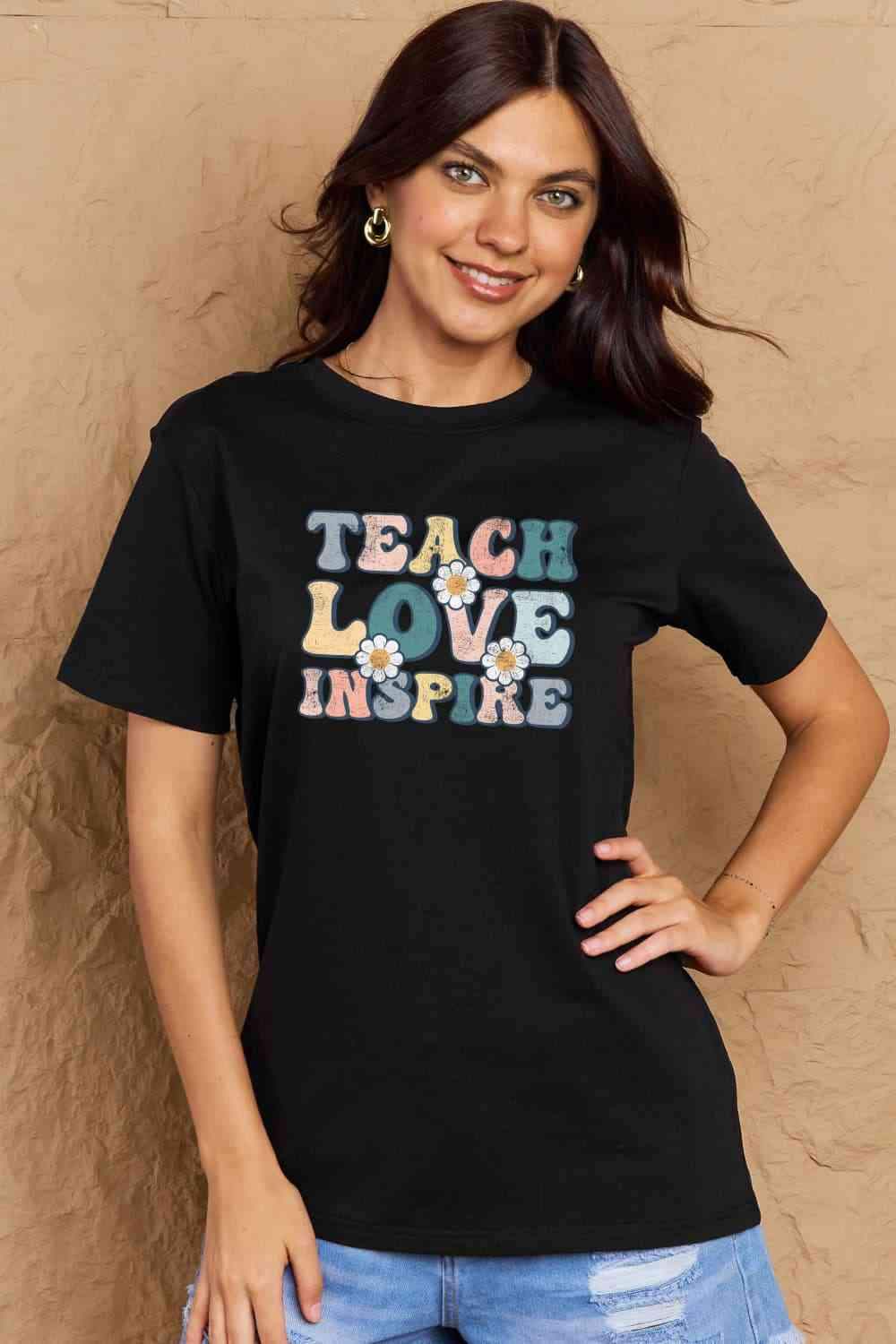 Simply Love Full Size TEACH LOVE INSPIRE Graphic Cotton T-Shirt Women's T-Shirts - Tophatter Daily Deals