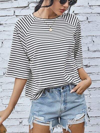 Striped Round Neck Raglan Sleeve T-Shirt Stripe Women's T-Shirts - Tophatter Daily Deals