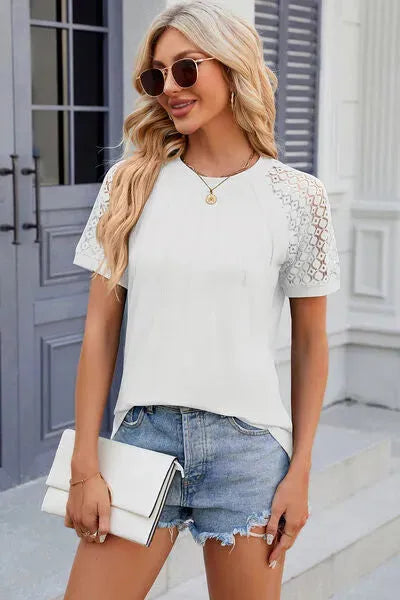 Openwork Round Neck Short Sleeve T-Shirt Women's T-Shirts - Tophatter Daily Deals