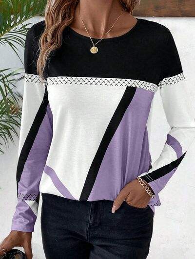 Contrast Round Neck Long Sleeve T-Shirt Women's T-Shirts - Tophatter Daily Deals