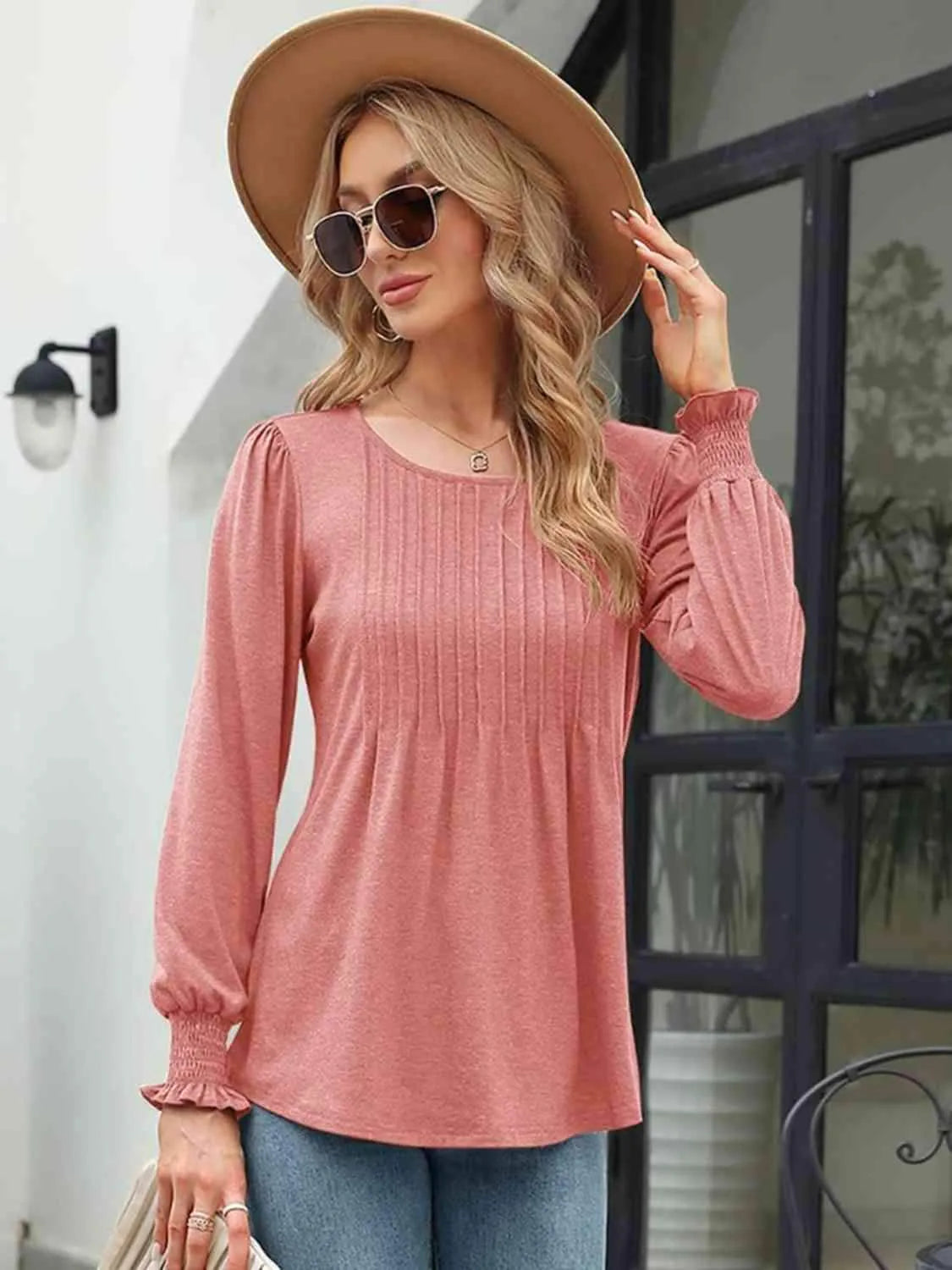 Smocked Round Neck Lantern Sleeve Blouse Blouses - Tophatter Daily Deals