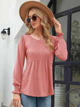 Smocked Round Neck Lantern Sleeve Blouse Blouses - Tophatter Daily Deals