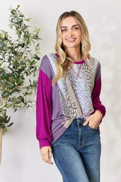 Celeste Full Size Color Block Printed Long Sleeve Top Magenta Blouses - Tophatter Daily Deals