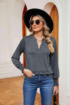 Notched Neck Long Sleeve Blouse Heather Gray Blouses - Tophatter Daily Deals