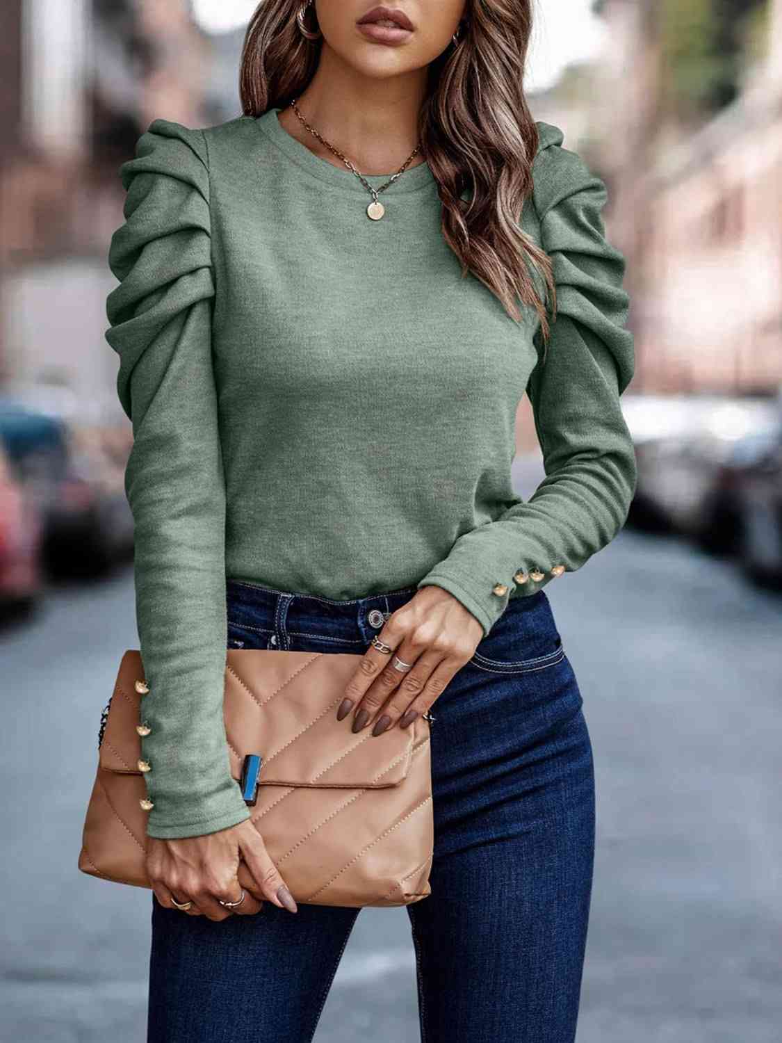 Decorative Button Puff Sleeve T-Shirt Women's T-Shirts - Tophatter Daily Deals