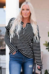 Striped Half Button Frill Trim Top Black Blouses - Tophatter Daily Deals