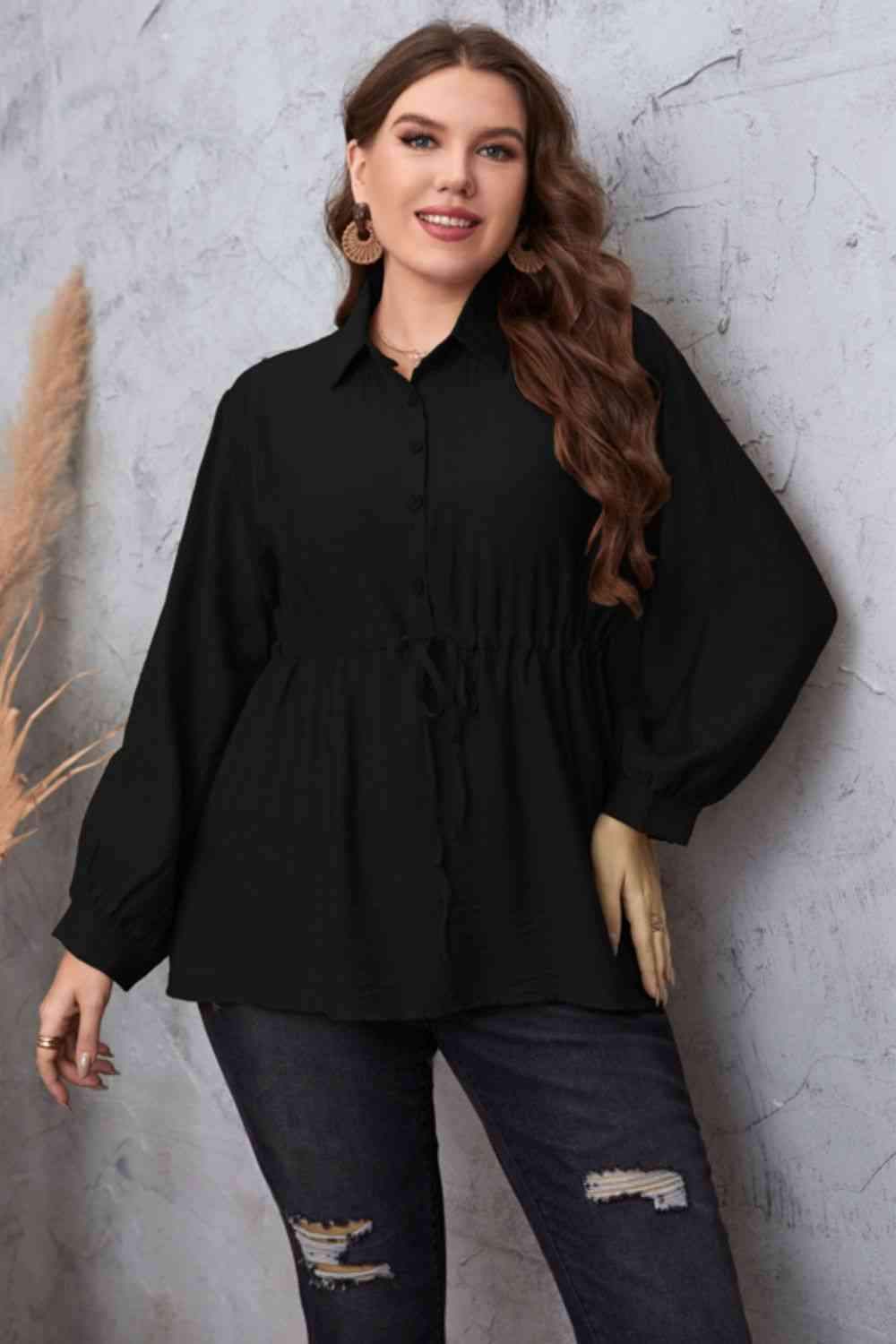 Plus Size Drawstring Waist Collared Neck Babydoll Blouse Black Blouses - Tophatter Daily Deals