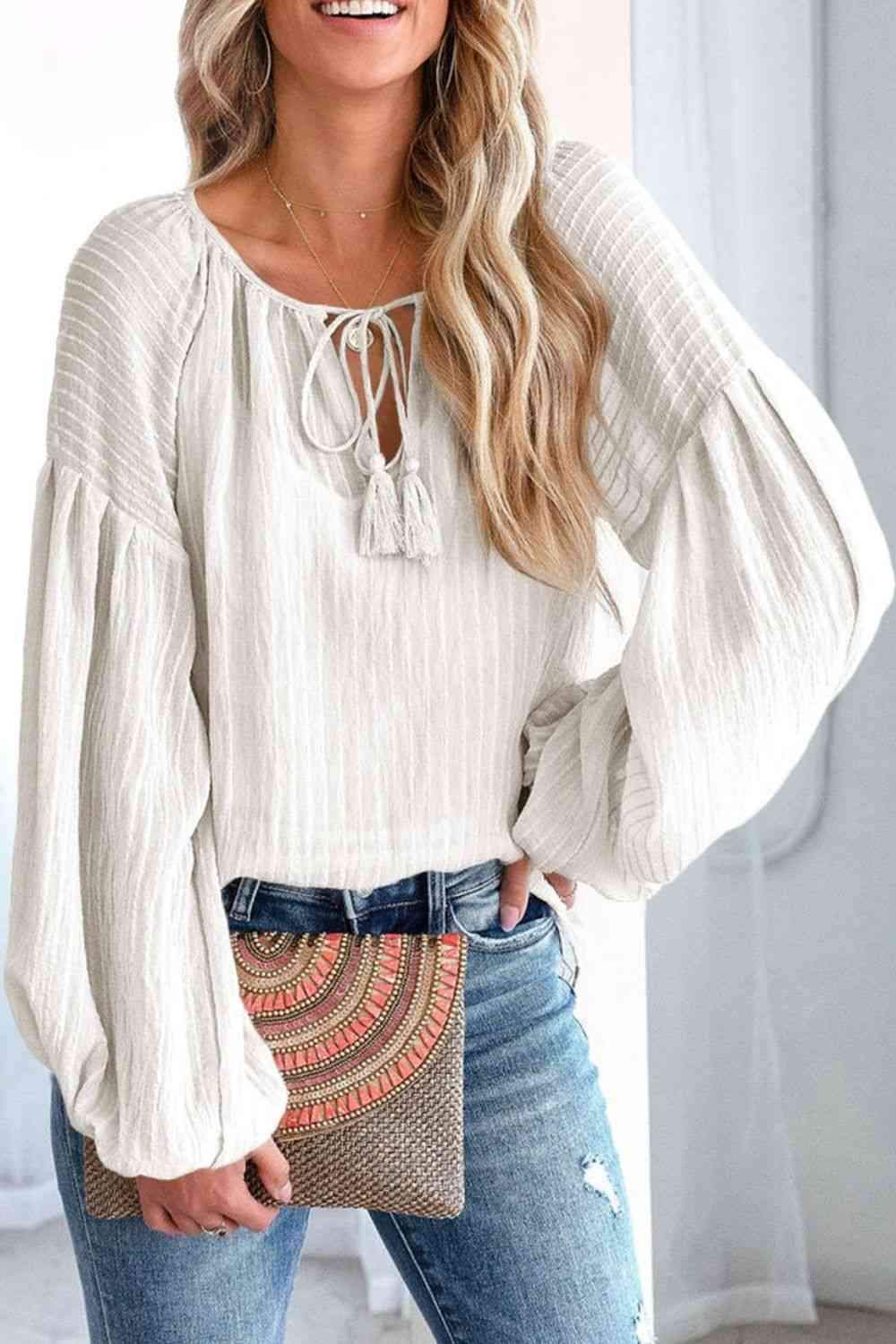 Tie Neck Dropped Shoulder Blouse Blouses - Tophatter Daily Deals