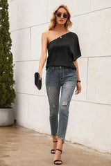 Single Shoulder Half Sleeve T-Shirt Women's T-Shirts - Tophatter Daily Deals