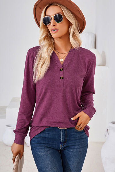 Notched Long Sleeve T-Shirt Women's T-Shirts - Tophatter Daily Deals