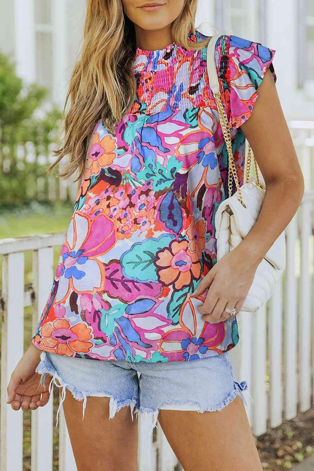 Floral Smocked Flutter Sleeve Top Blouses - Tophatter Daily Deals