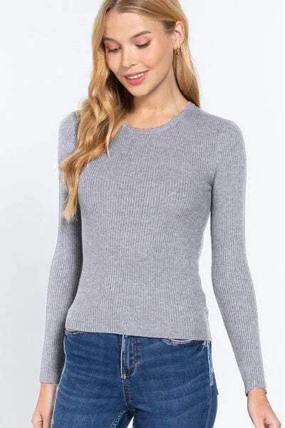 ACTIVE BASIC Full Size Ribbed Round Neck Long Sleeve Knit Top GREY Women's T-Shirts - Tophatter Daily Deals