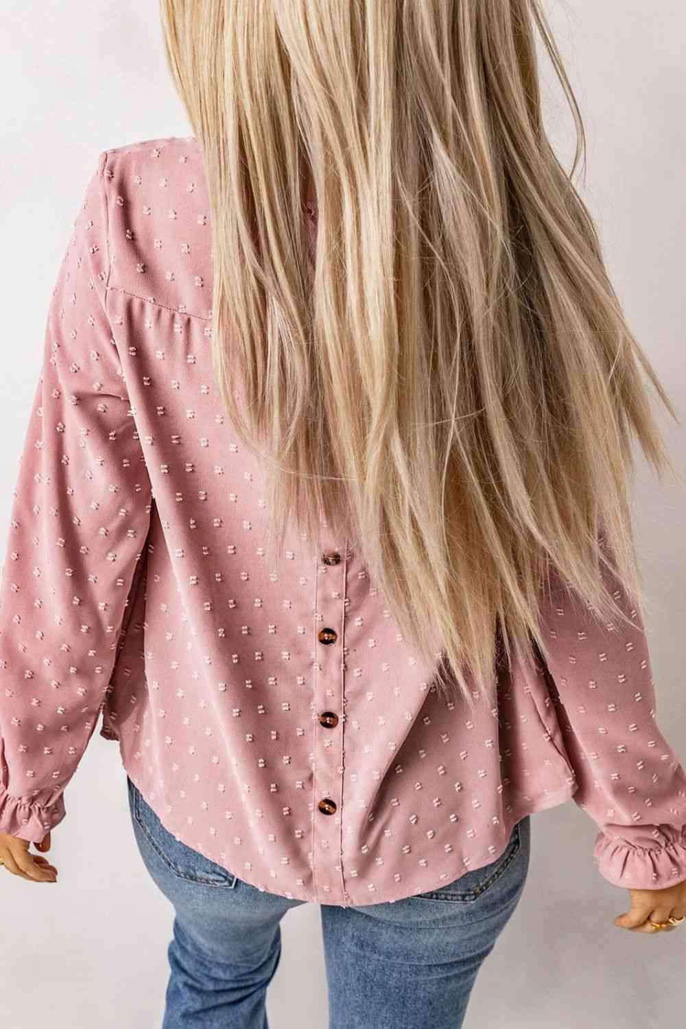 Swiss Dot Flounce Sleeve Button Detail Blouse Blouses - Tophatter Daily Deals