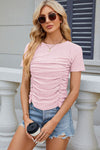 Eyelet Ruched Round Neck Short Sleeve T-Shirt Women's T-Shirts - Tophatter Daily Deals