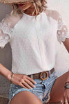 Swiss Dot Spliced Lace Round Neck Blouse Blouses - Tophatter Daily Deals