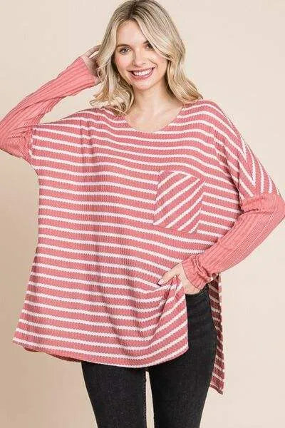 Culture Code Oversize Striped Round Neck Long Sleeve Slit T-Shirt Blouses - Tophatter Daily Deals