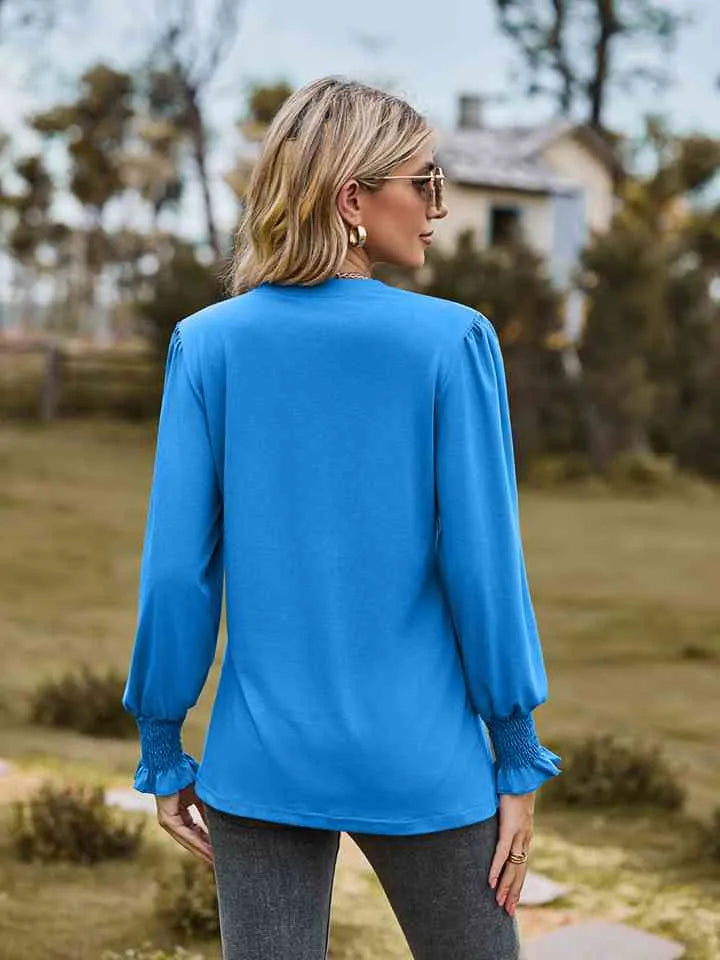 Notched Neck Flounce Sleeve Blouse Blouses - Tophatter Daily Deals