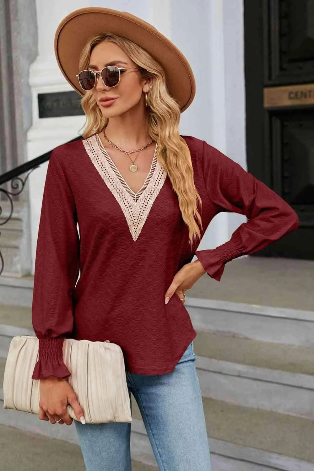 V-Neck Flounce Sleeve Blouse Blouses - Tophatter Daily Deals