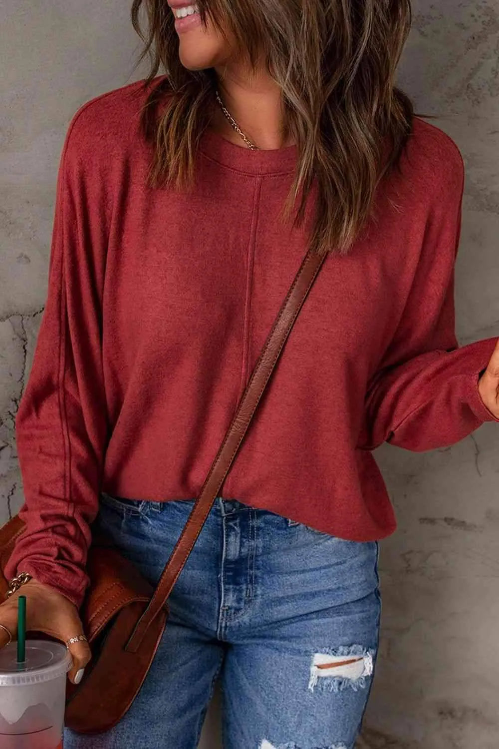 Seam Detail Round Neck Long Sleeve Top Red Women's T-Shirts - Tophatter Daily Deals
