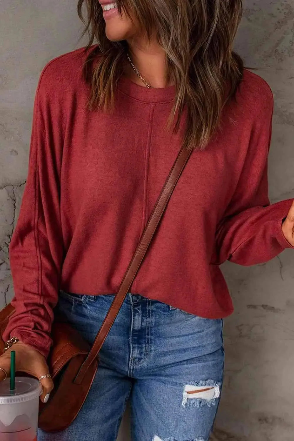 Seam Detail Round Neck Long Sleeve Top Women's T-Shirts - Tophatter Daily Deals