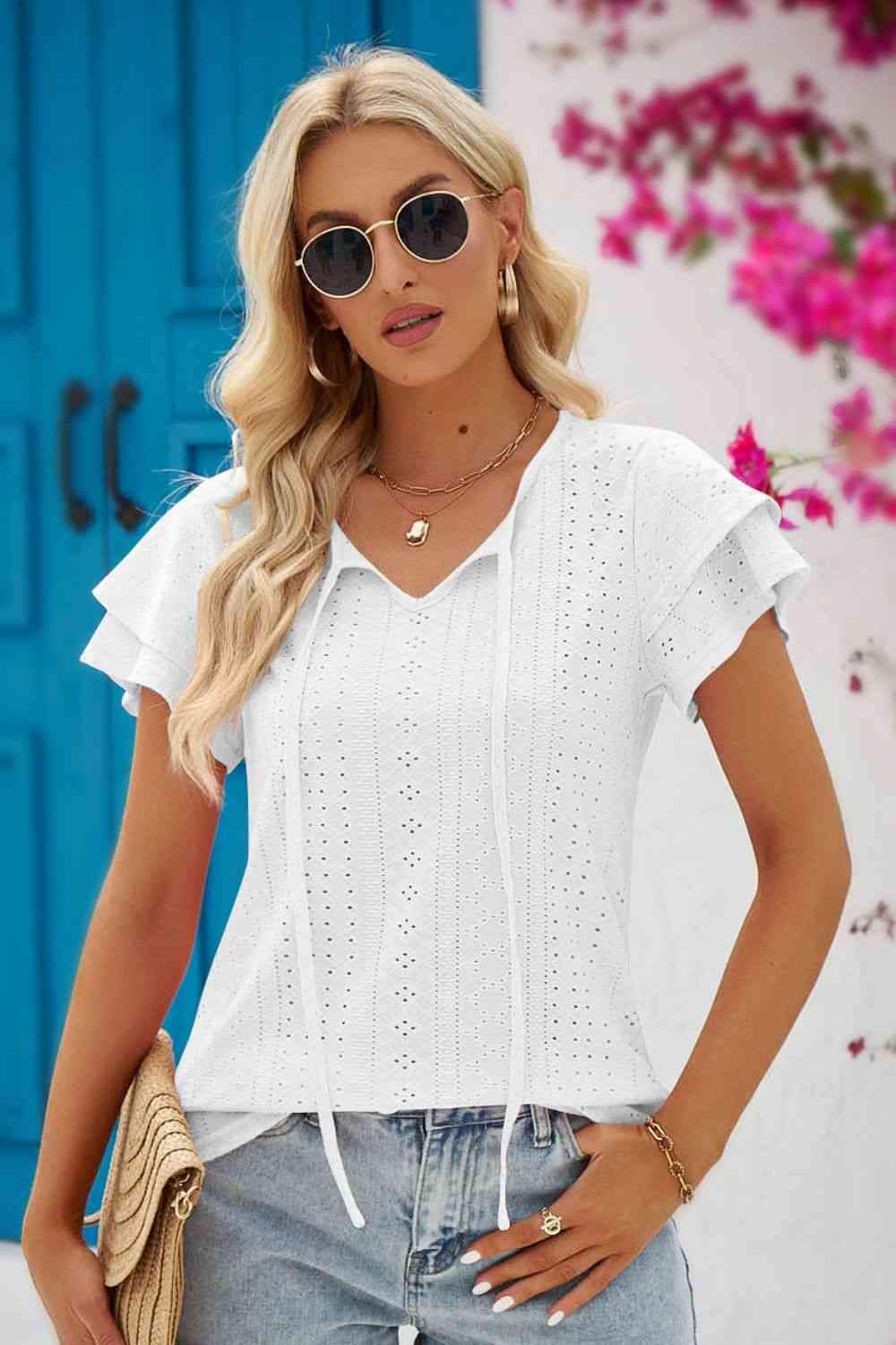 Eyelet Tie-Neck Flutter Sleeve Blouse Blouses - Tophatter Daily Deals