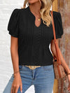 Eyelet Notched Puff Sleeve T-Shirt Black Women's T-Shirts - Tophatter Daily Deals