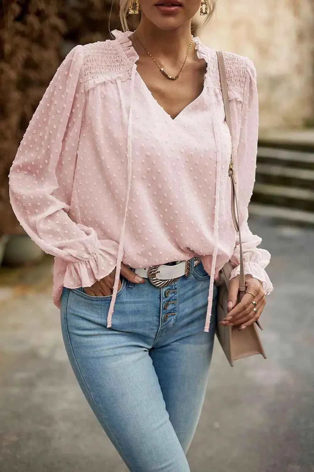 Swiss Dot Smocked Shoulder Blouse Blouses - Tophatter Daily Deals