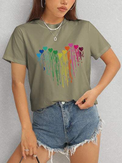 Heart Round Neck Short Sleeve T-Shirt Army Green Women's T-Shirts - Tophatter Daily Deals