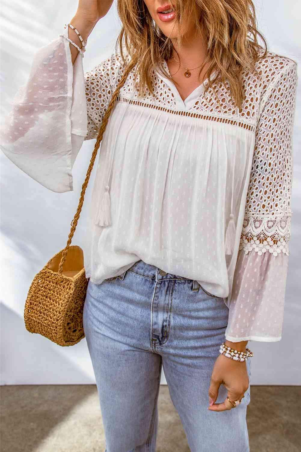 Eyelet Tassel Tie Flare Sleeve Blouse White Blouses - Tophatter Daily Deals