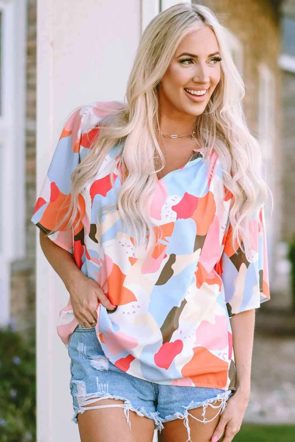 Printed Notched Neck Half Sleeve Blouse Blouses - Tophatter Daily Deals