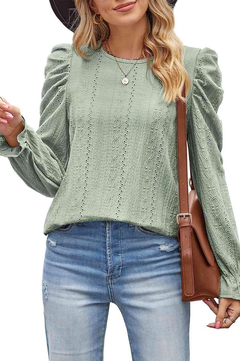 Round Neck Puff Sleeve Blouse Blouses - Tophatter Daily Deals